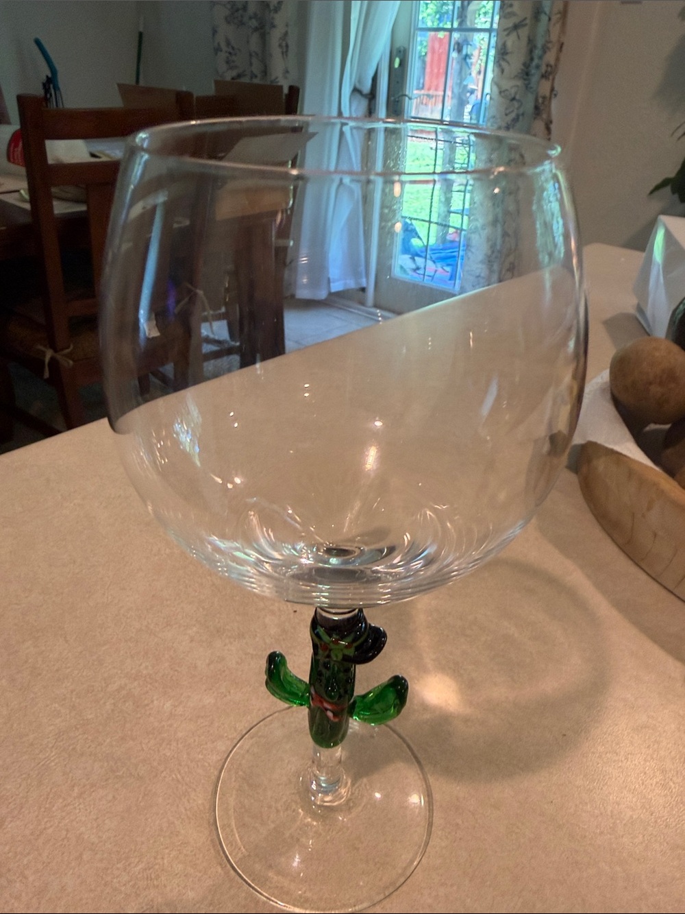 Large Clear Wine Goblet with Green Cactus Stem